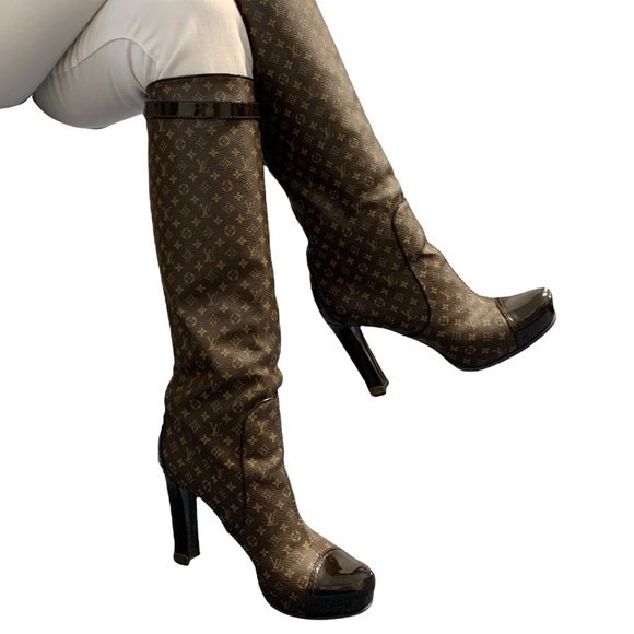 LOUIS VUITTON Vintage Monogram Mid Calf Boots #37 US 6.5 Brown Leather [102060] - Picture 2 of 14